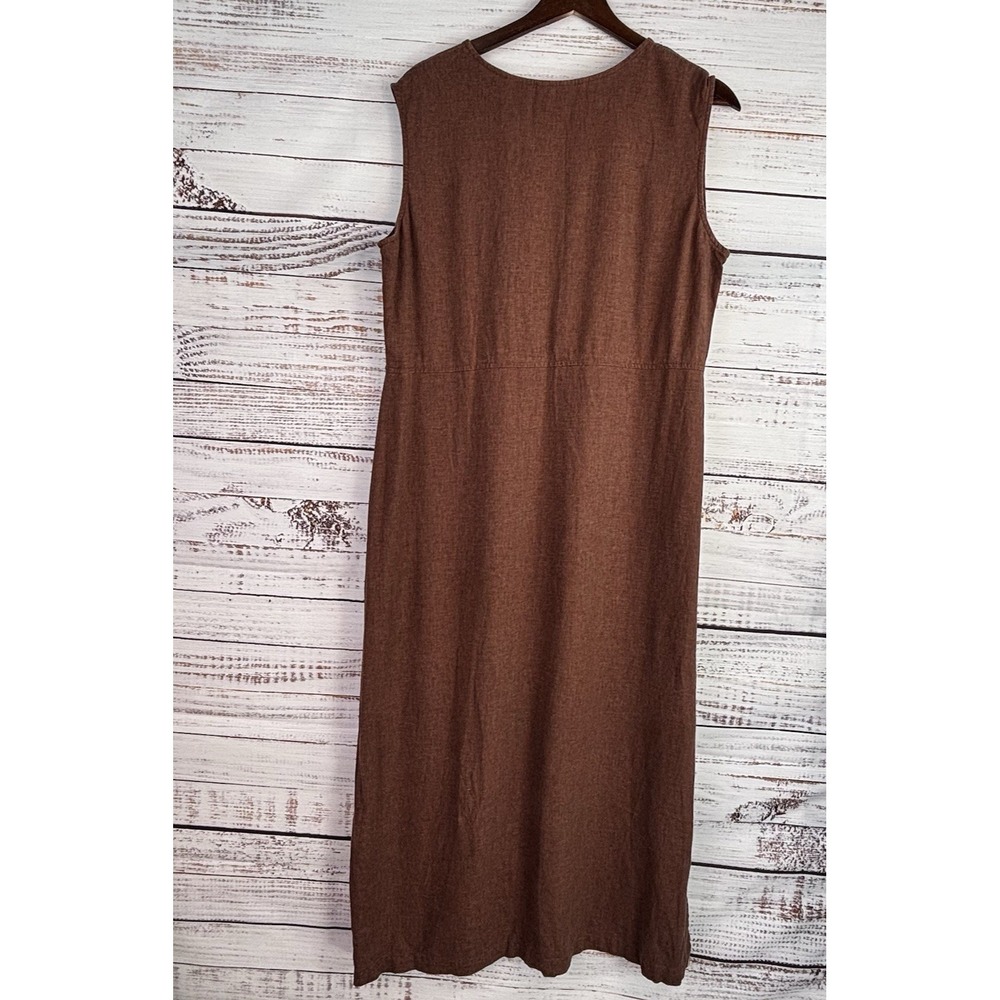 Vintage 90s LOng Linen Blend Dress L Sleeveless Brown Embroidered Lagenlook Boho - Picture 5 of 9